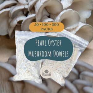 Pearl Oyster mushroom dowel plugs product photo with the mushrooms and packs of dowels.